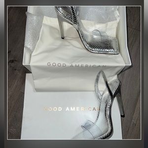 Good American (size 7) Open Square Toe Heels (Silver Snake) MRSP$180+